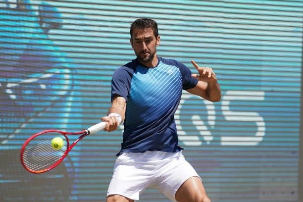 Marin Cilic of Croatia plays a forehand during his final match against Felix Auger-Aliassime of Canada during day 7 of the MercedesCup at Tennisclub...