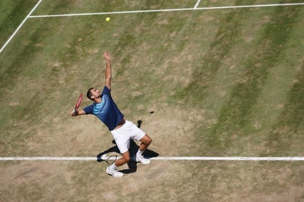 Marin Cilic of Croatia makes a service during his final match against Felix Auger-Aliassime of Canada during day 7 of the MercedesCup at Tennisclub...