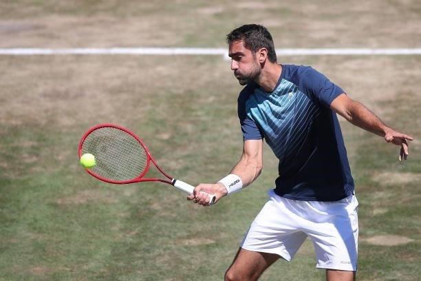 Marin Cilic of Croatia plays a forehand as he warms up prior to his final match against Felix Auger-Aliassime of Canada during day 7 of the...