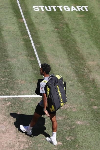 Felix Auger-Aliassime of Canada enters the centre court prior to Men`s single final match against Marin Cilic of Croatia during day 7 of the...