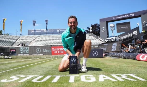 Marin Cilic of Croatia poses with trophy after winning Men`single final match against Felix Auger-Aliassime of Canada during day 7 of the MercedesCup...