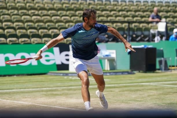 Marin Cilic of Croatia in action during Men`single final match against Felix Auger-Aliassime of Canada during day 7 of the MercedesCup at Tennisclub...