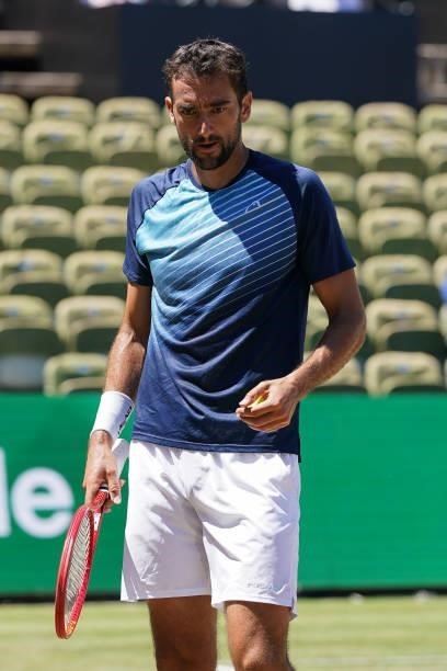 Marin Cilic of Croatia looks on during his final match against Felix Auger-Aliassime of Canada during day 7 of the MercedesCup at Tennisclub...