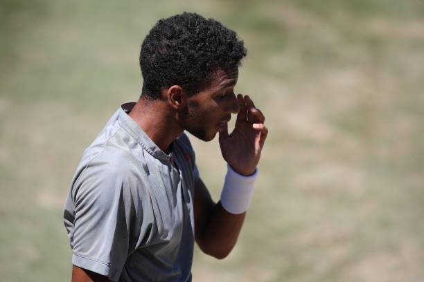 Felix Auger-Aliassime of Canada reacts during his final match against Marin Cilic of Croatia during day 7 of the MercedesCup at Tennisclub Weissenhof...