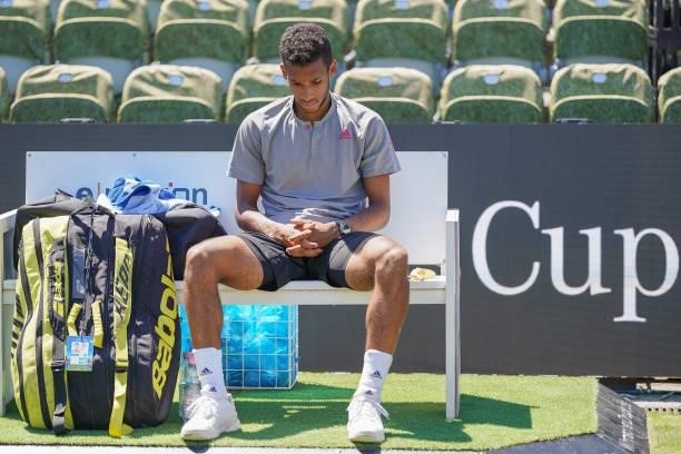 Felix Auger-Aliassime of Canada looks dejected after his Men`s single final match against Marin Cilic of Croatia during day 7 of the MercedesCup at...