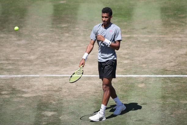 Felix Auger-Aliassime of Canada in action during Men`s final match against Marin Cilic of Croatia during day 7 of the MercedesCup at Tennisclub...
