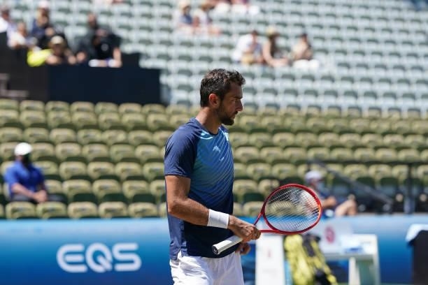 Marin Cilic of Croatia looks on during Men`s single final match against Felix Auger-Aliassime of Canada during day 7 of the MercedesCup at Tennisclub...
