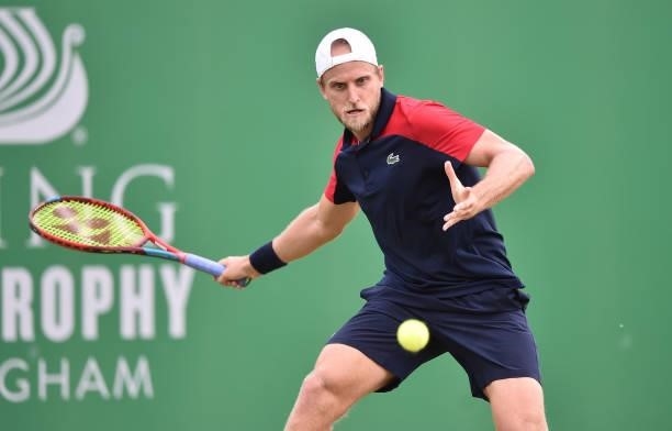 Denis Kudla of United States plays a forehand shot in the men’s final match against Frances Tafore of United States at Nottingham Tennis Centre on...