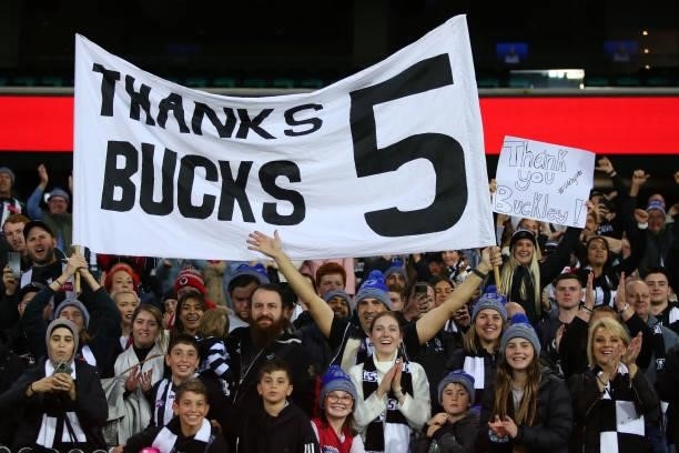 Collingwood fans during the round 13 AFL match between the Melbourne Demons and the Collingwood Magpies at Sydney Cricket Ground on June 14, 2021 in...