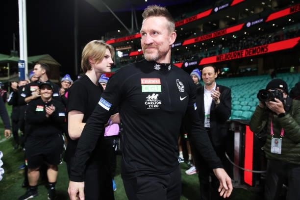 Magpies head coach Nathan Buckley celebrates victory after coaching his final game for the Magpies during the round 13 AFL match between the...