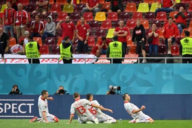 Goran Pandev of North Macedonia celebrates after scoring their side's first goal during the UEFA Euro 2020 Championship Group C match between Austria...