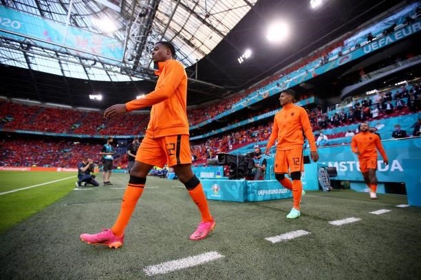 Denzel Dumfries of Netherlands walks out onto the ptch during the UEFA Euro 2020 Championship Group C match between Netherlands and Ukraine on June...