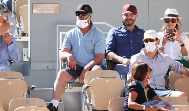 Mel Gibson, guest, Nadia Fares attend the Men's Singles Final during day 15 of the 2021 Roland-Garros, French Open, a Grand Slam tennis tournament at...