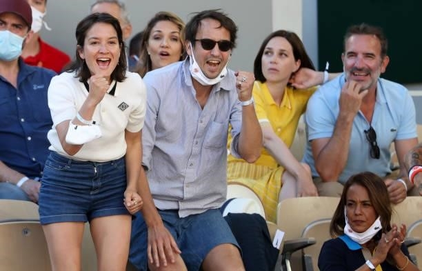 Anais Demoustier, guest, Nathalie Pechalat and husband Jean Dujardin during the Men's Singles Final during day 15 of the 2021 Roland-Garros, French...