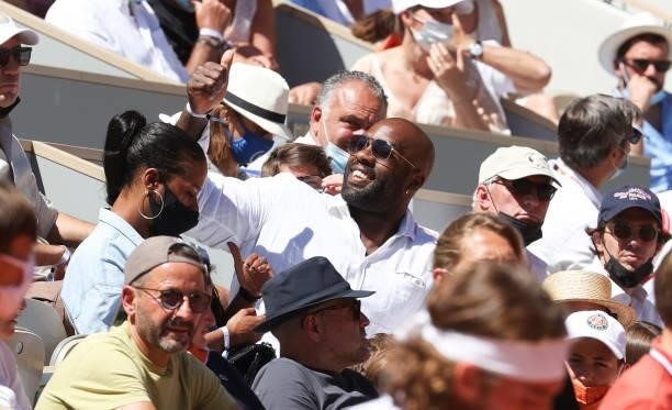 Teddy Riner attends the Men's Singles Final during day 15 of the 2021 Roland-Garros, French Open, a Grand Slam tennis tournament at Roland-Garros...