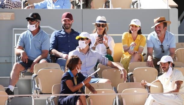 Mel Gibson, guest, Nadia Fares, Nathalie Pechalat and husband Jean Dujardin attend the Men's Singles Final during day 15 of the 2021 Roland-Garros,...