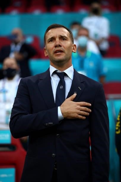 Head Coach Andriy Shevchenko of Ukraine sings their national anthem during the UEFA Euro 2020 Championship Group C match between Netherlands and...