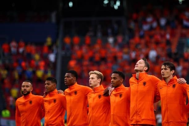 Wout Weghorst of Netherlands looks to the sky as they sing their national anthem during the UEFA Euro 2020 Championship Group C match between...