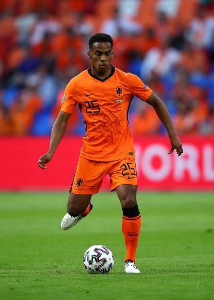 Jurrien Timber of Netherlands in action during the UEFA Euro 2020 Championship Group C match between Netherlands and Ukraine on June 13, 2021 in...