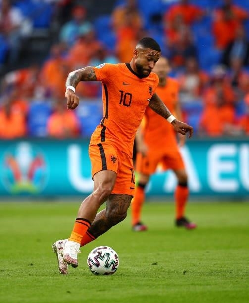 Memphis Depay of Netherlands in action during the UEFA Euro 2020 Championship Group C match between Netherlands and Ukraine on June 13, 2021 in...