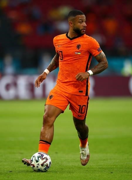 Memphis Depay of Netherlands in action during the UEFA Euro 2020 Championship Group C match between Netherlands and Ukraine on June 13, 2021 in...