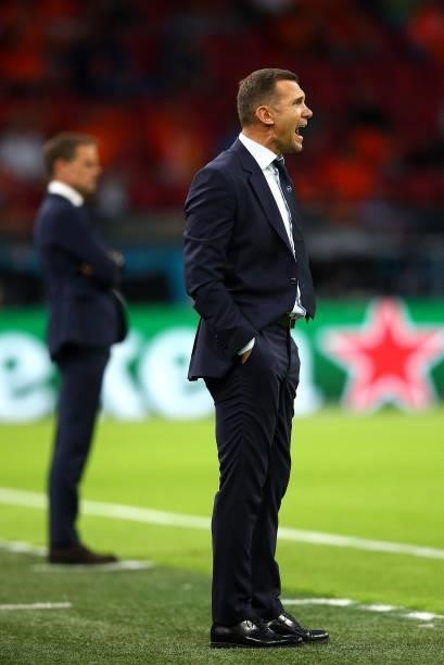 Head Coach Andriy Shevchenko of Ukraine shouts orders to his players during the UEFA Euro 2020 Championship Group C match between Netherlands and...
