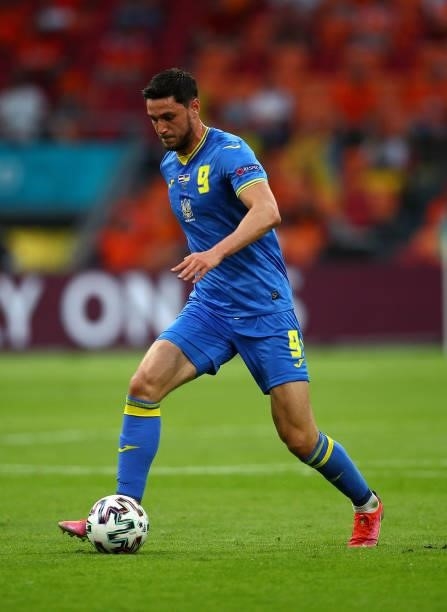Roman Yaremchuk of Ukraine in action during the UEFA Euro 2020 Championship Group C match between Netherlands and Ukraine on June 13, 2021 in...