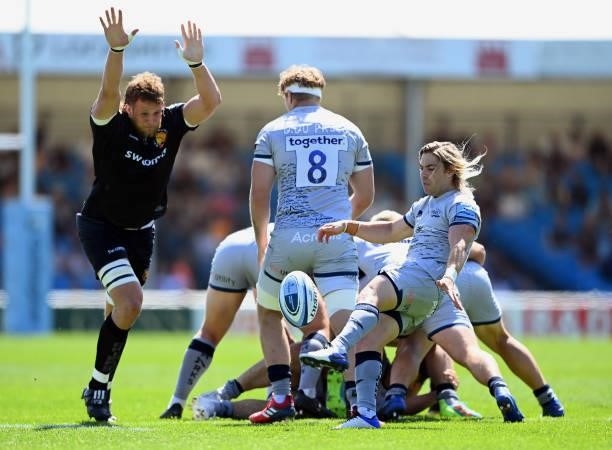 Faf de Klerk of Sale Sharks kicks a box kick during the Gallagher Premiership Rugby match between Exeter Chiefs and Sale at Sandy Park on June 12,...