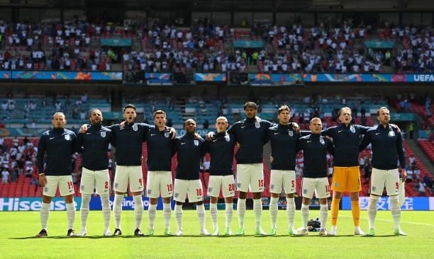 The England team line up before the UEFA Euro 2020 Championship Group D match between England and Croatia on June 13, 2021 in London, England.