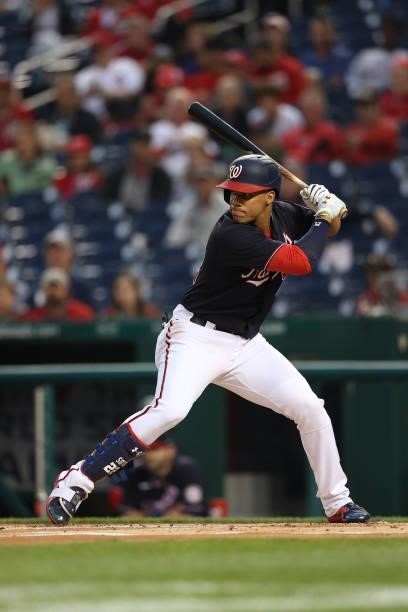 Juan Soto of the Washington Nationals bats against the San Francisco Giants at Nationals Park on June 11, 2021 in Washington, DC.