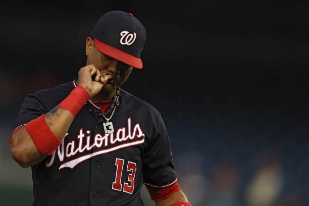 Starlin Castro of the Washington Nationals looks on before playing against the San Francisco Giants at Nationals Park on June 11, 2021 in Washington,...