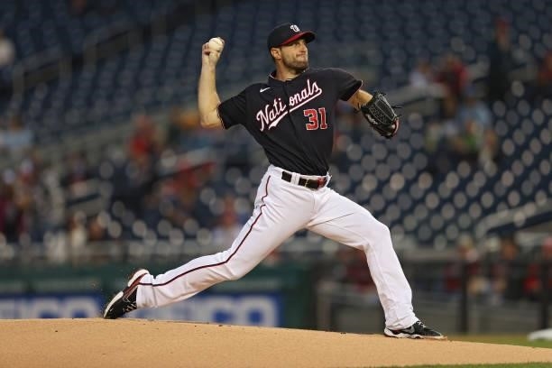 Starting pitcher Max Scherzer of the Washington Nationals works the first inning against the San Francisco Giants at Nationals Park on June 11, 2021...