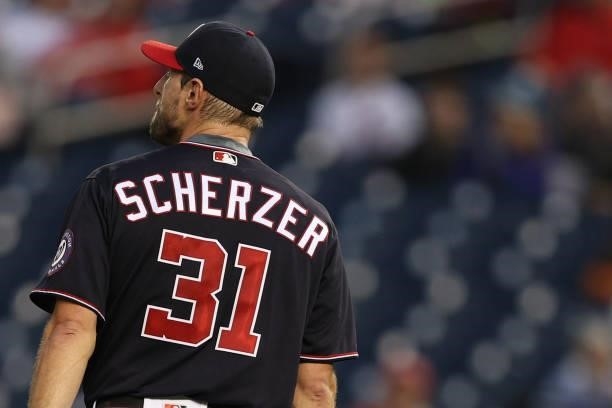 Starting pitcher Max Scherzer of the Washington Nationals leaves the game in the first inning against the San Francisco Giants at Nationals Park on...