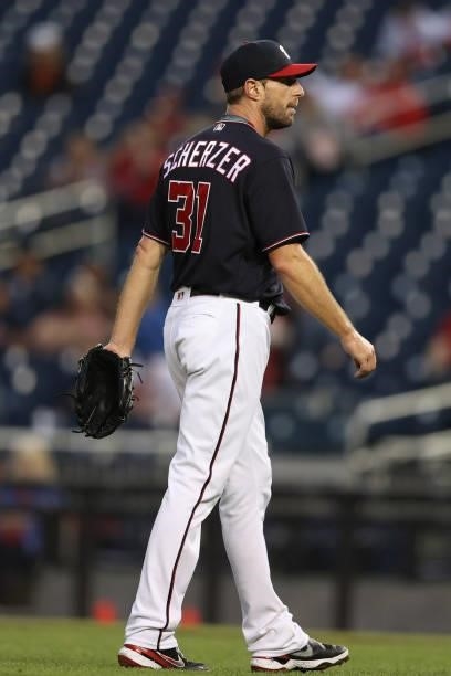 Starting pitcher Max Scherzer of the Washington Nationals leaves the game in the first inning against the San Francisco Giants at Nationals Park on...