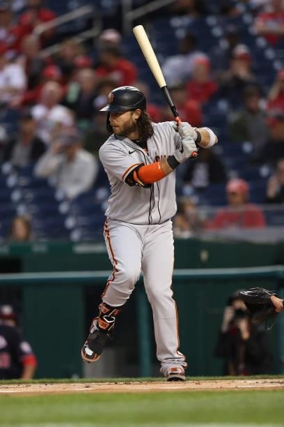Brandon Crawford of the San Francisco Giants bats against the Washington Nationals at Nationals Park on June 11, 2021 in Washington, DC.