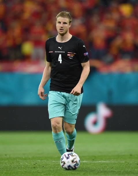 Martin Hinteregger of Austria controls the ball during the UEFA Euro 2020 Championship Group C match between Austria and North Macedonia on June 13,...