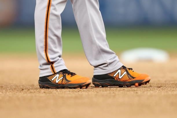 Detailed view of New Balance baseball cleats are seen at Nationals Park on June 11, 2021 in Washington, DC.