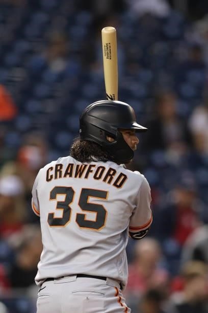 Brandon Crawford of the San Francisco Giants bats on against the Washington Nationals at Nationals Park on June 11, 2021 in Washington, DC.