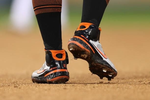 Detailed view of Nike baseball cleats are seen at Nationals Park on June 11, 2021 in Washington, DC.