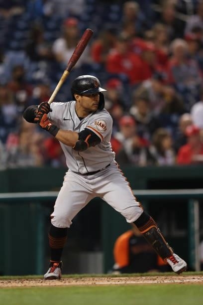 Donovan Solano of the San Francisco Giants bats against the Washington Nationals at Nationals Park on June 11, 2021 in Washington, DC.