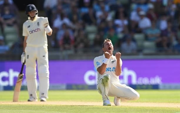 Neil Wagner of New Zealand celebrates after taking the wicket of England batsman Ollie Pope during day three of the second LV= Insurance Test Match...