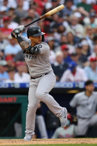 Gleyber Torres of the New York Yankees in action against the Philadelphia Phillies during a game at Citizens Bank Park on June 12, 2021 in...