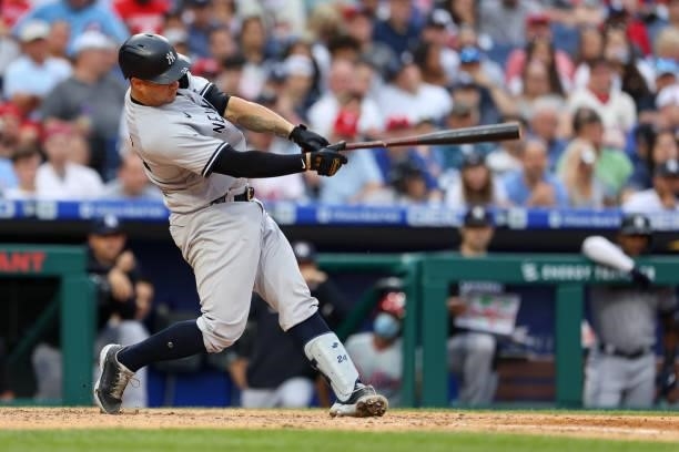 Gary Sanchez of the New York Yankees in action against the Philadelphia Phillies during a game at Citizens Bank Park on June 12, 2021 in...