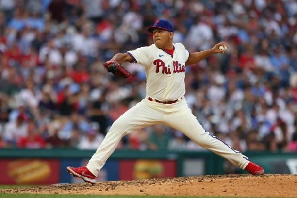 Ranger Suarez of the Philadelphia Phillies in action against the New York Yankees during a game at Citizens Bank Park on June 12, 2021 in...