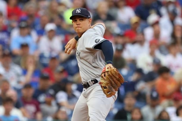 Gio Urshela of the New York Yankees in action against the Philadelphia Phillies during a game at Citizens Bank Park on June 12, 2021 in Philadelphia,...