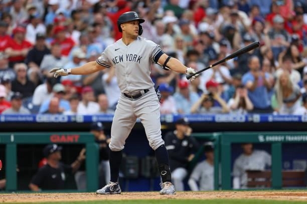 Giancarlo Stanton of the New York Yankees in action against the Philadelphia Phillies during a game at Citizens Bank Park on June 12, 2021 in...