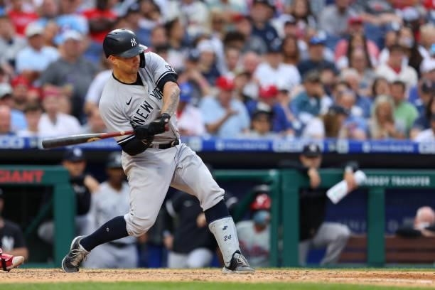 Gary Sanchez of the New York Yankees in action against the Philadelphia Phillies during a game at Citizens Bank Park on June 12, 2021 in...