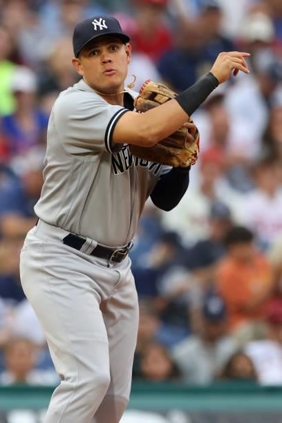 Gio Urshela of the New York Yankees in action against the Philadelphia Phillies during a game at Citizens Bank Park on June 12, 2021 in Philadelphia,...