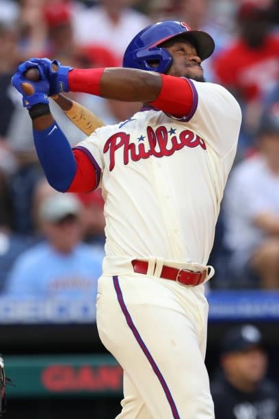 Odubel Herrera of the Philadelphia Phillies in action against the New York Yankees during a game at Citizens Bank Park on June 12, 2021 in...