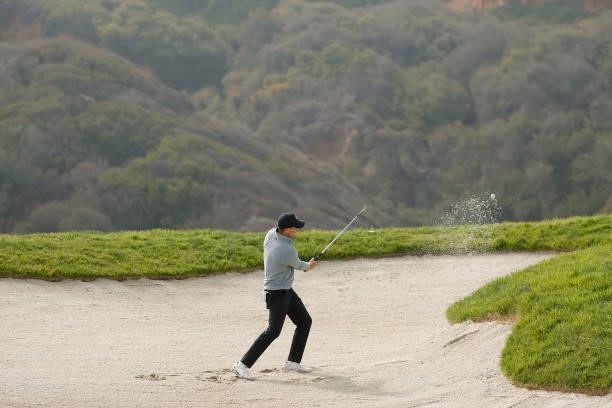 Jordan Spieth of the United States plays from a bunker on the third hole during a practice round prior to the start of the 2021 U.S. Open at Torrey...